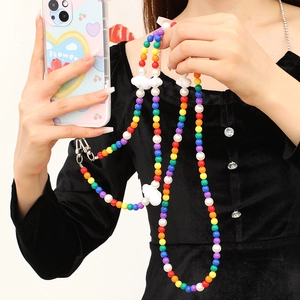 Colorful Rainbow Beaded Phone Lanyard With White Cloud Pendant Crossbody Phone Strap Handmade Resin Bead Chain Jewelry For Women