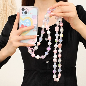 Lanière de téléphone à perles pastel avec breloques étoiles et chat pour femme