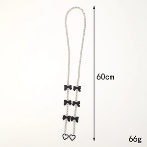 60cm beaded silver crossbody phone chain with black bows and heart-shaped hooks