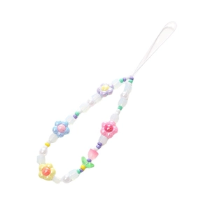 Pink tulip beaded phone strap with macaron flower charms and pastel acrylic beads