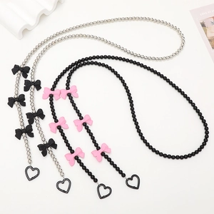 Beaded bowknot crossbody phone chain strap with heart clasp in silver and black
