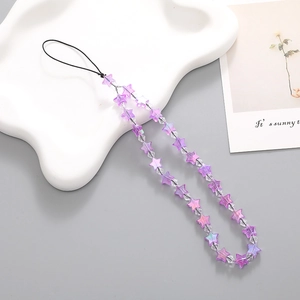 Dragonne de téléphone perlée avec étoiles violettes et perles acryliques irisées