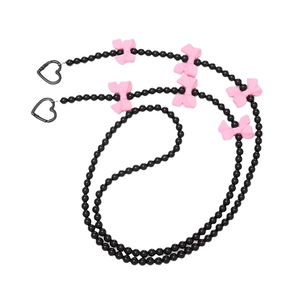 Crossbody beaded chain with black round beads and pink bows plus heart hooks