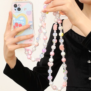 Chaîne de téléphone perlée mignonne style coréen avec charmes colorés et coque à fleurs
