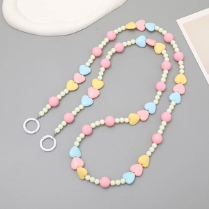 Colorful acrylic heart beaded phone chain with pink and blue beads and double round clips