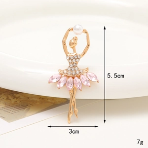 Broche ballerine dorée avec pierres marquises roses et perle élégante, 5,5 cm