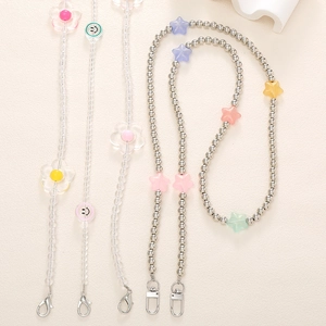 Floral smiley face beaded phone strap with clear acrylic crystals and metal stars