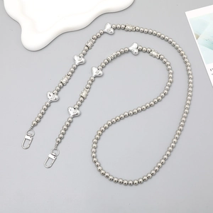 Silver beaded chain with heart and bear charms, featuring metal lobster clasps for phones