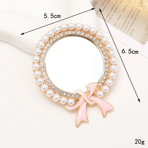 DIY runder Spiegel-Anhänger mit Perlen, Strass und rosa Emaille-Schleife, 5,5 cm Durchmesser