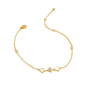 Bracelet de cheville doré avec pendentifs éventails en nacre blanche et zircone