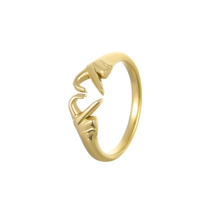 Close-up of golden hands forming a heart shape on a polished open adjustable ring