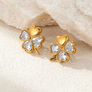 Gold stainless steel four-leaf clover earrings with sparkling heart-shaped zircon stones