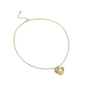 Gouden roestvrijstalen ketting met hartvormige hanger met radiale textuur en kristal