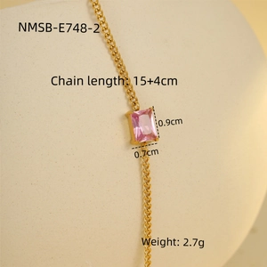 Detailed view of gold stainless steel bracelet with dimensions and pink zircon gem specs