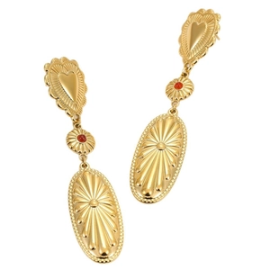 Bohemian gold heart and red bead statement earrings with vintage radial texture detail