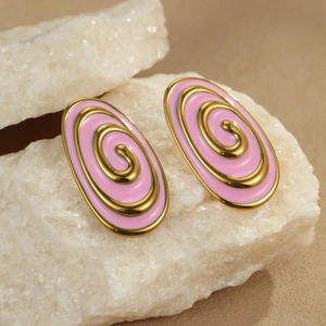 Fashionable gold oval spiral earrings with pink enamel inlay on white decorative stone