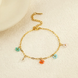 Minimalist stainless steel gold chain bracelet with five colorful beaded flower pendants