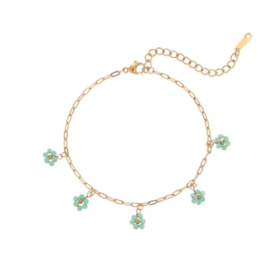 Elegant gold-tone stainless steel bracelet with five green beaded flower charms