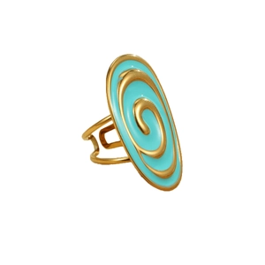 Fashion gold ring with oval light blue enamel and spiral design for women