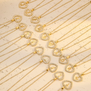 18K gold plated stainless steel heart necklace with cubic zirconia and letter pendant