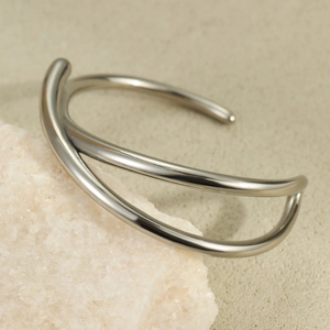 Polished silver stainless steel multi-layer cross-line open cuff bracelet for women