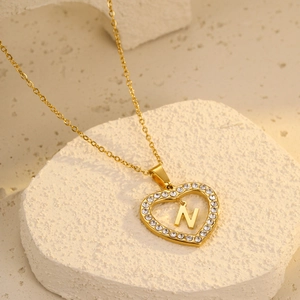 18K gold plated stainless steel heart necklace with zircon and letter N pendant