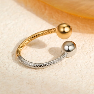 Fashionable two-tone titanium steel open ring with woven texture and dual bead accents