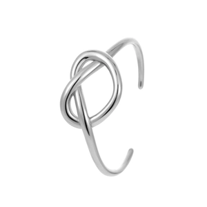 Polished stainless steel open bangle with multilayered intertwined knot design in silver finish