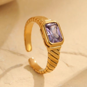 Vintage 18K gold plated stainless steel ring with rectangle purple zircon and textured band
