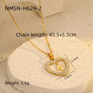 Detail of 18K gold-plated heart pendant necklace with zircon letter K and size dimensions