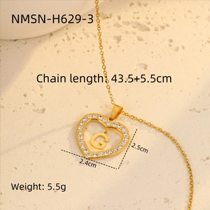 Detail view of 18K gold plated heart pendant necklace with Zircon letter G and dimensions
