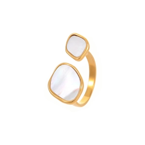 Anillo vintage francés de acero inoxidable oro 18k con nácar blanco natural irregular