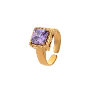 Luxurious 18K gold plated open ring with square purple zircon and braided texture