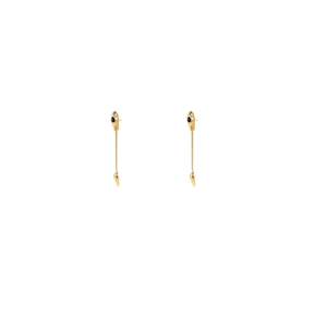 Detail of snake head earrings with black stones and long gold chain drops