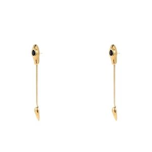 Minimalist gold snake earrings with long chain and black teardrop stone on white background