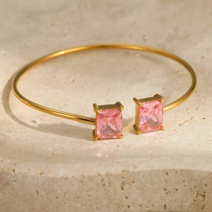 Minimalist 18K gold plated stainless steel cuff bracelet with pink square zircon stones