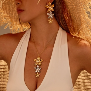 Ensemble de Bijoux Élégant en Acier Inoxydable Collier et Boucles d'Oreilles Fleur Bicolore Or Argent Avec Fausse Künstliche Perle