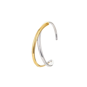 Brazalete en C moderno y minimalista con líneas de acero inoxidable bicolor oro y plata