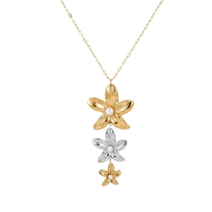 Collier à pendentif fleur à trois niveaux avec pétales bicolores et perles blanches