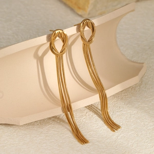 Detailed close-up of golden tassel earrings with knot design on professional display