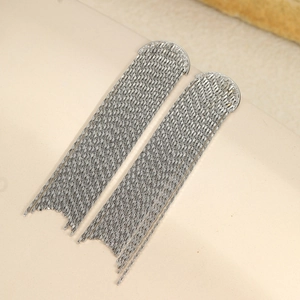 Long tassel drop earrings in silver stainless steel with elegant tiered chain design