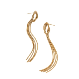 Elegant gold-tone long tassel earrings featuring a twisted knot and snake chain fringe