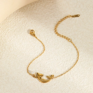 Collier en acier inoxydable doré 18K avec queue de sirène et perle blanche ronde
