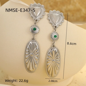 Detailed view of silver heart drop earrings with green beads and size measurements