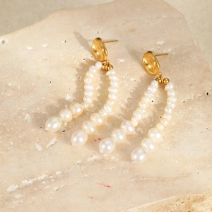 Natural freshwater pearl tassel earrings in 18K gold plated stainless steel design