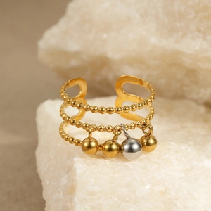 Three-layer gold beaded open ring with mixed metallic sphere charms on stone