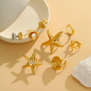 Anelli Aperti in Stile Oceano in Acciaio Inossidabile per Donna Placcato Oro Argento Stella Marina Conchiglia Granchio Perla Artificiale Strass