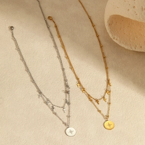 Collier double épaisseur en acier inoxydable avec croix et pendentif pièce étoile