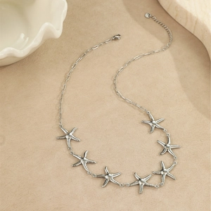 Collier en acier inoxydable argenté avec pendentifs étoile de mer et chaîne trombone chic