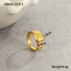 Detailed view of a gold-plated signet ring with watchband texture and 1.0cm square face